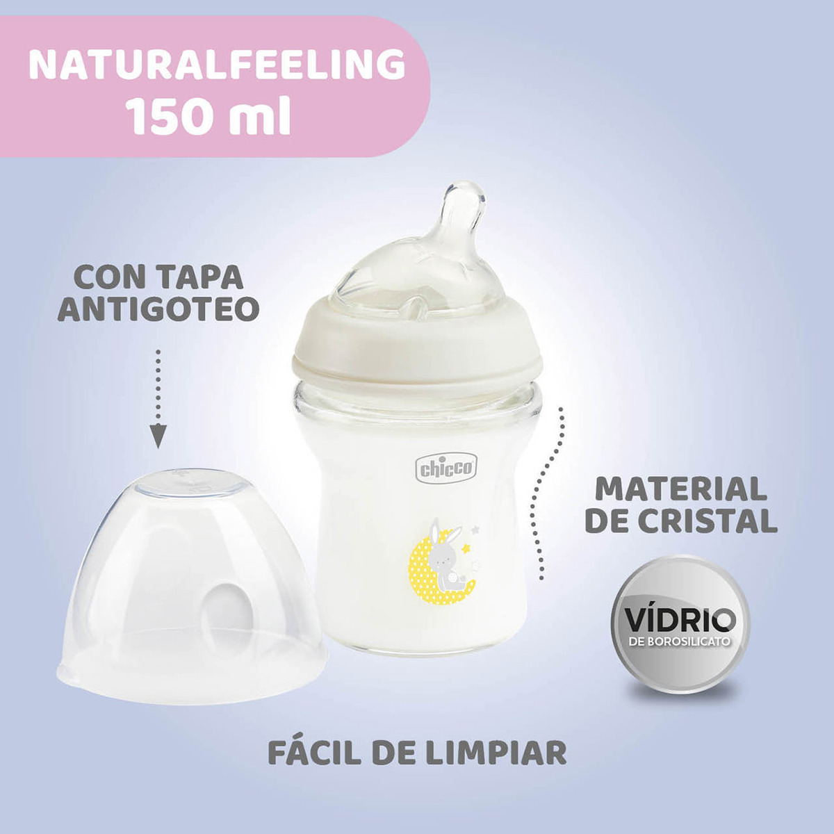 CHICCO NURSING - NaturalFeeling 150ml 0M+ Flujo lento VIDRIO - C55392 - Imagen 3